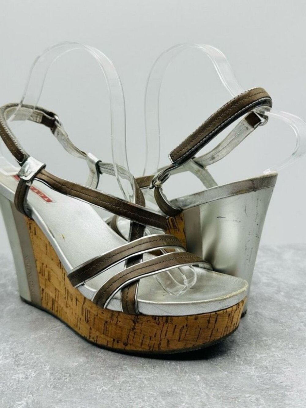 PRADA Platform Sandals Silver Grey Strappy Leather Cork Size US 7 EU 37.5 Italy
